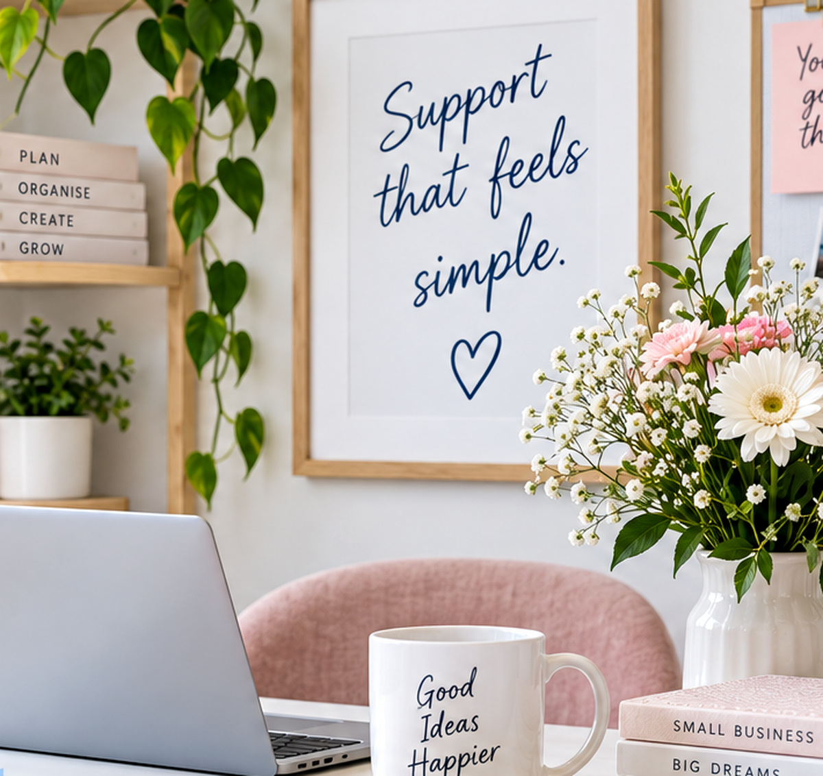 Bright organised workspace with flowers and a laptop