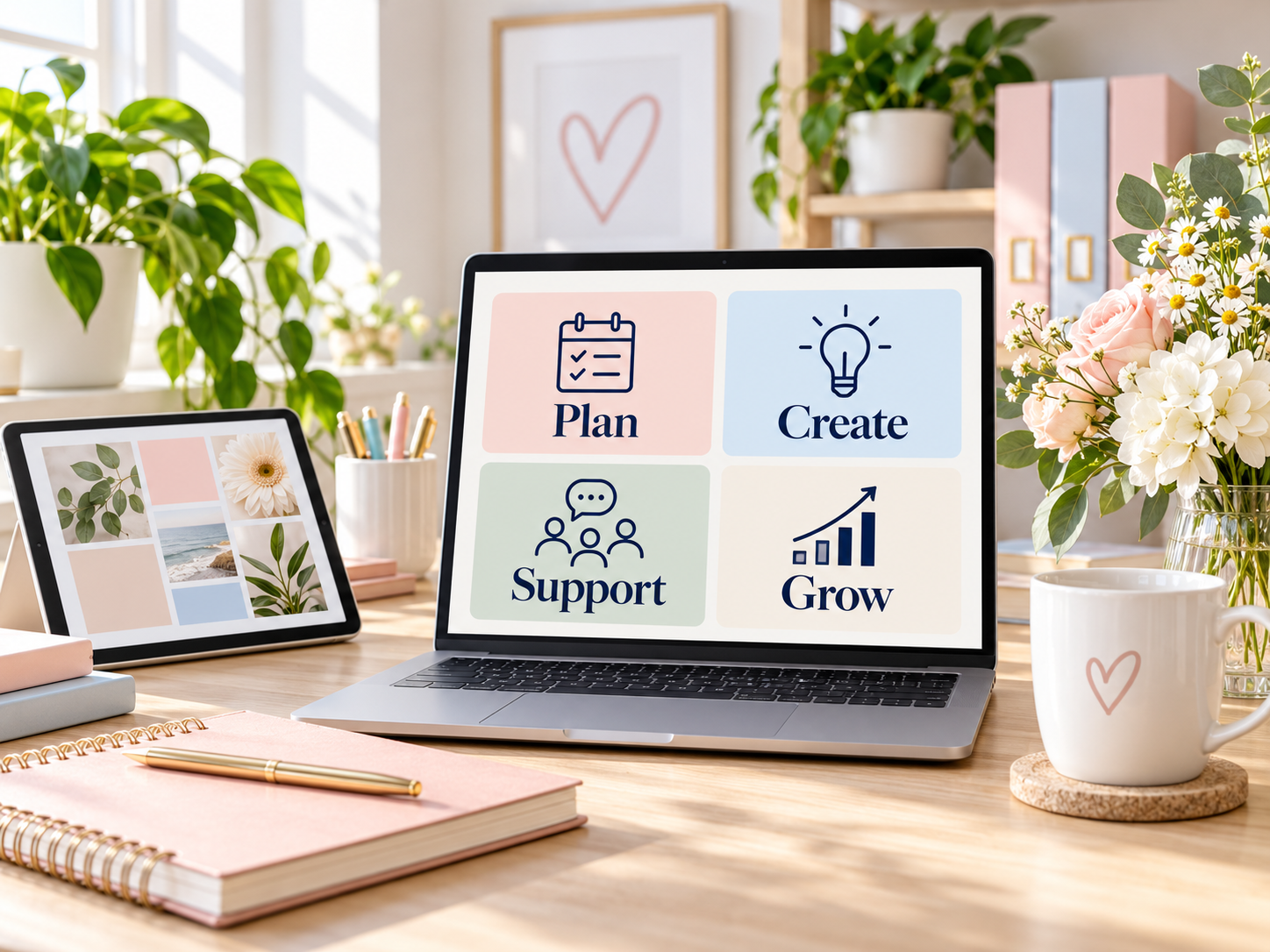 Organised virtual assistant workspace with planning and business support tools.