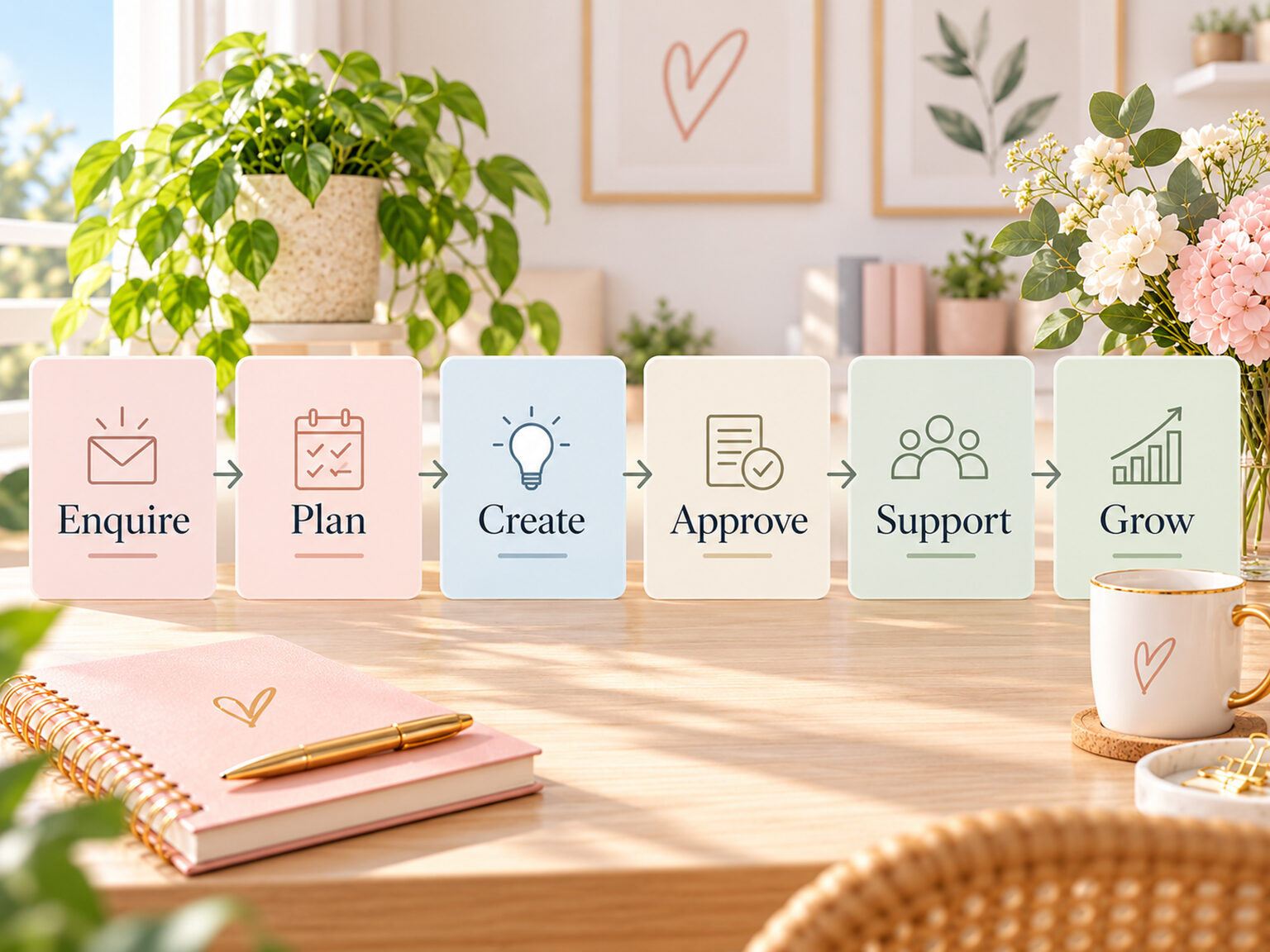 Clear step-by-step workflow from enquiry and planning to support and growth.